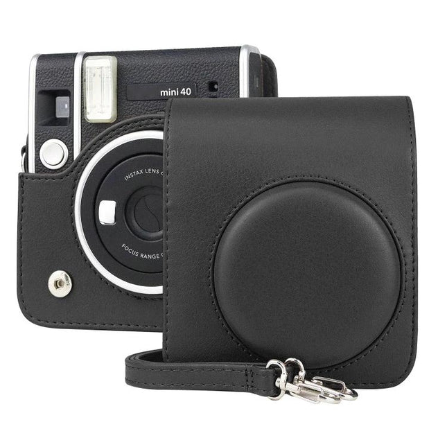 Retro PU Leather Camera Case with Strap for FUJIFILM Instax Mini 40 – black protective PU leather camera bag with front lens cover and strap