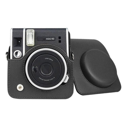 Retro PU Leather Camera Case with Strap for FUJIFILM Instax Mini 40 - black protective PU leather case with detachable strap