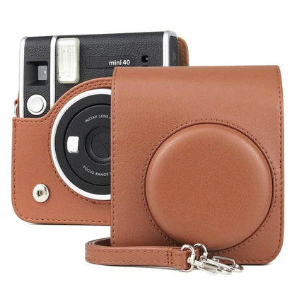 Retro PU Leather Camera Case with Strap for FUJIFILM Instax Mini 40 in brown PU leather, compact protective camera cover with wrist strap