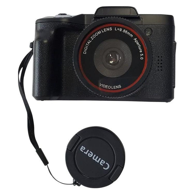 Compact Flip-Screen Selfie Camera for Everyday Photos and Videos front view with lens cap and wrist strap