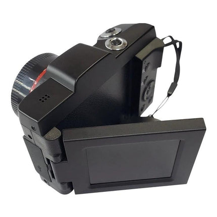 Compact Flip-Screen Selfie Camera for Everyday Photos and Videos showing rotatable screen and compact black body for vlogging and selfies