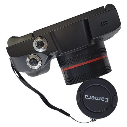 Compact Flip-Screen Selfie Camera for Everyday Photos and Videos showing rotatable screen, dual lenses and detachable lens cap