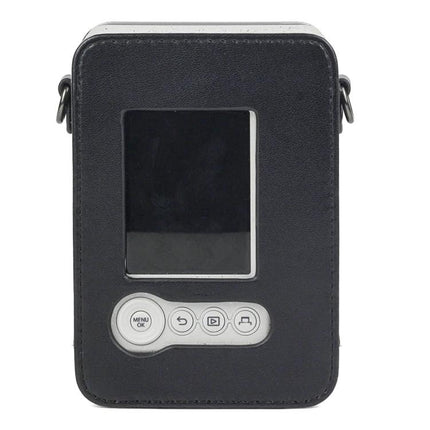 Retro PU Leather Camera Case with Adjustable Strap for Fujifilm Instax Mini Liplay front view showing screen access and control cutouts, black compact protective case