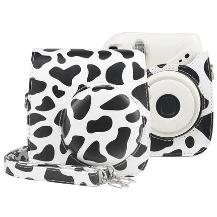 Milk Cow Full Body PU Leather Case for FUJIFILM Instax Mini 7+ in black white cow print showing front and back with strap