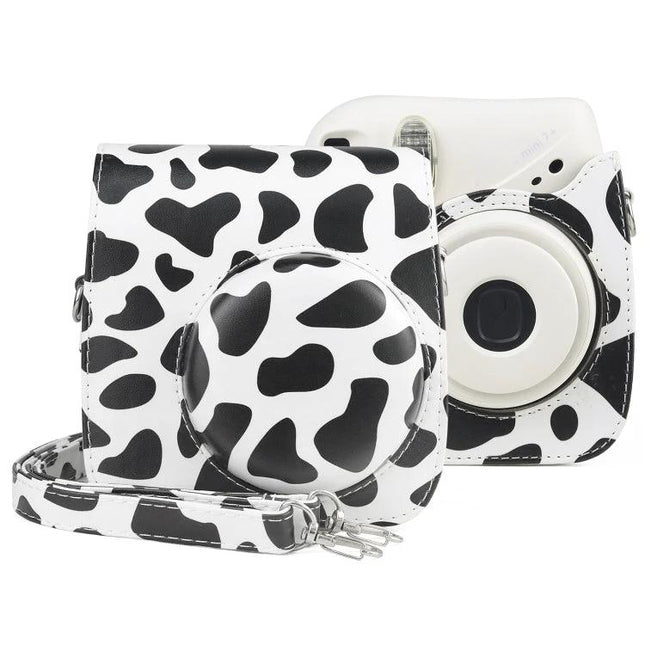Milk Cow Full Body PU Leather Case for FUJIFILM Instax Mini 7+ in black white cow print showing front and back with strap