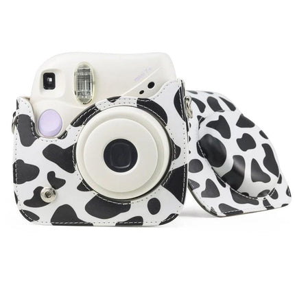 Milk Cow Full Body PU Leather Case for FUJIFILM Instax Mini 7+ showing cow print protective camera cover with strap