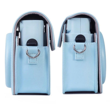 Protective PU Leather Case with Strap for Fujifilm Instax Square SQ1 in light blue, side view showing adjustable strap ring and compact protective design