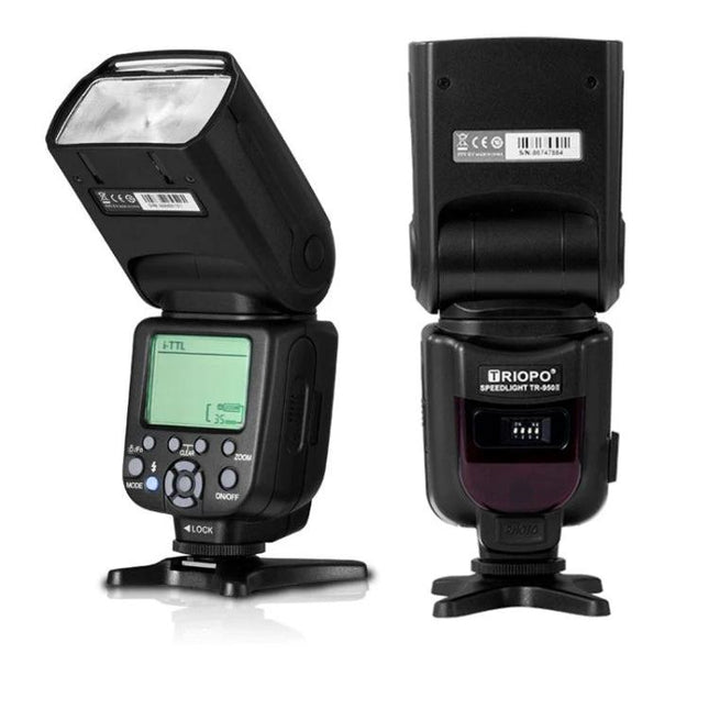 Triopo Speedlite External Flash for Camera Photography showing front LCD and rear view on mini stand, ideal for portraits and events