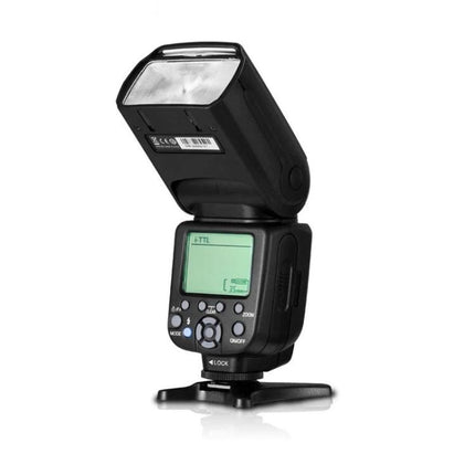 Triopo Speedlite External Flash for Camera Photography showing angled flash head, LCD panel and hot-shoe mount for portraits and events
