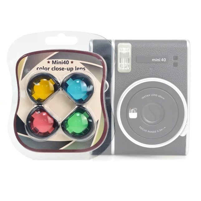Add Color to Fujifilm Instax Mini 40 Photos with Four Filters - kit of yellow cyan red green close-up lens filters beside Mini 40 camera