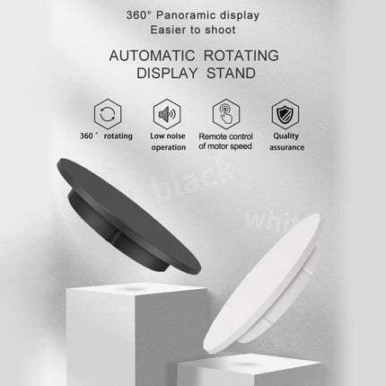 Electric Rotating Display Stand for Video and Product Photography, 42cm on pedestal showing black and white rotating platforms with icons