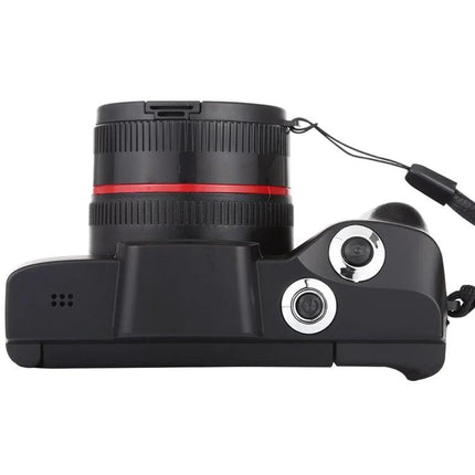 Interchangeable Lens Digital Camera for Everyday Photography showing black camera body with attached lens and red accent