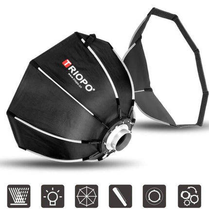 Triopo 55cm Octagon Parabolic Softbox for Photography Lighting - black octagonal softbox with 8-pole frame and removable inner baffle