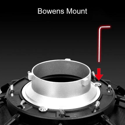 Triopo 55cm Octagon Parabolic Softbox for Photography Lighting showing Bowens mount with 8-pole frame and red arrow pointing to mounting screw