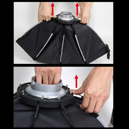 Triopo 55cm Octagon Parabolic Softbox for Photography Lighting being assembled showing 8-pole frame and speed ring connection