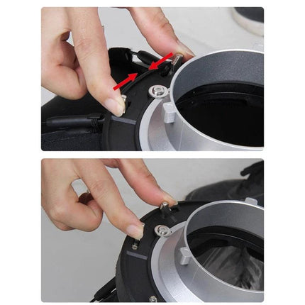 Triopo 55cm Octagon Parabolic Softbox for Photography Lighting showing technician fastening 8-pole metal frame connector