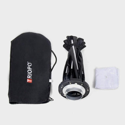 Triopo 55cm Octagon Parabolic Softbox for Photography Lighting — collapsed softbox, 8-pole frame, carry bag and inner diffuser