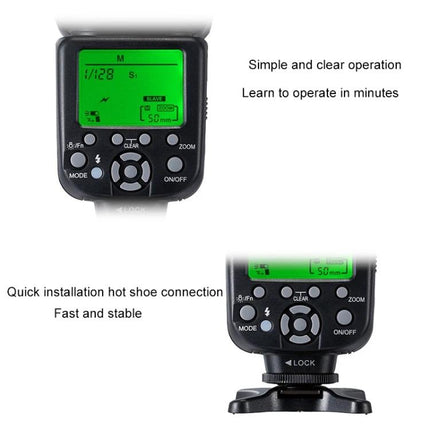 Triopo Speedlite Flash for Canon Camera Photography Use - close-up of control panel and hot shoe showing LCD, buttons and lock