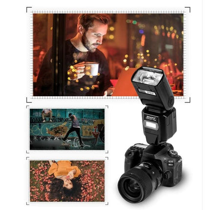 Triopo Speedlite Flash for Canon Camera Photography Use mounted on DSLR showing indoor portrait and outdoor action examples