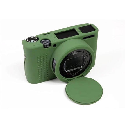 Durable Soft Silicone Protective Case for Sony Cyber-Shot Cameras in olive green fitted on compact camera with lens cap open