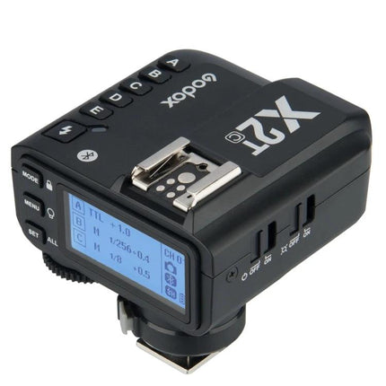 Godox X2T-C Bluetooth Wireless Flash Trigger for Canon Cameras on hotshoe with LCD showing E-TTL settings and control buttons