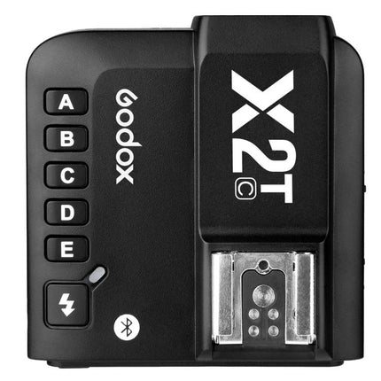 Godox X2T-C Bluetooth Wireless Flash Trigger for Canon Cameras black top view with buttons, hotshoe and Bluetooth icon