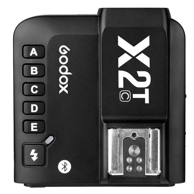 Godox X2T-C Bluetooth Wireless Flash Trigger for Canon Cameras black top view with buttons, hotshoe and Bluetooth icon