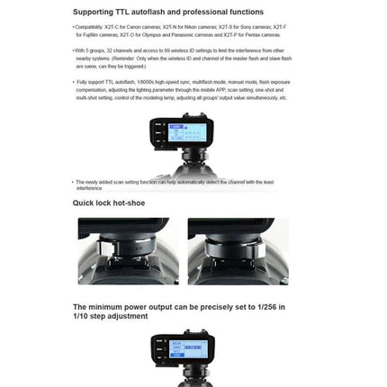 Godox X2T-C Bluetooth Wireless Flash Trigger for Canon Cameras shown on a camera hot shoe with LCD screen and features text