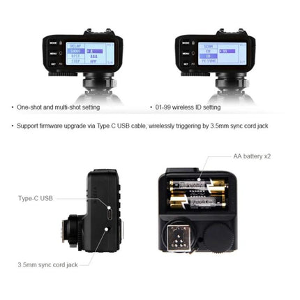Godox X2T-C Bluetooth Wireless Flash Trigger for Canon Cameras showing LCD menus, Type-C USB, 3.5mm sync jack and AA battery compartment