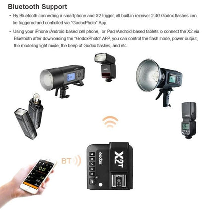 Godox Wireless Flash Trigger for Pentax Photography X2T showing trigger, flashes, mobile Bluetooth control and studio lighting setup