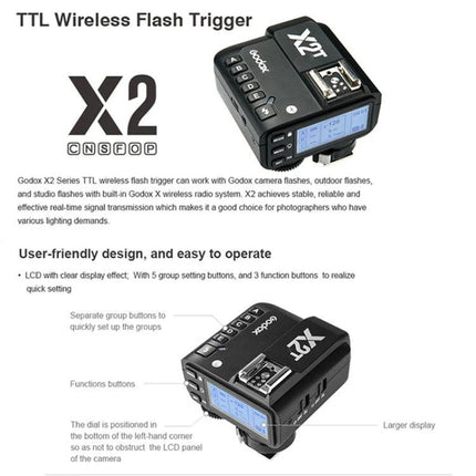 Godox Wireless Flash Trigger for Pentax Photography - Godox X2T-P wireless TTL trigger shown with LCD and control buttons