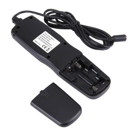Shutter Release Remote with Interval Timer for Canon Cameras — black wired remote with open battery compartment and cable