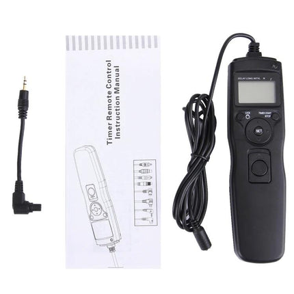 Shutter Release Remote with Interval Timer for Canon Cameras shown with cable and instruction manual