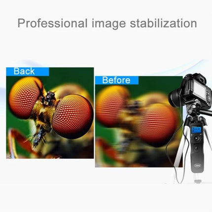Shutter Release Remote with Interval Timer for Canon Cameras showing camera on tripod and sharp vs blurred insect images illustrating stabilization