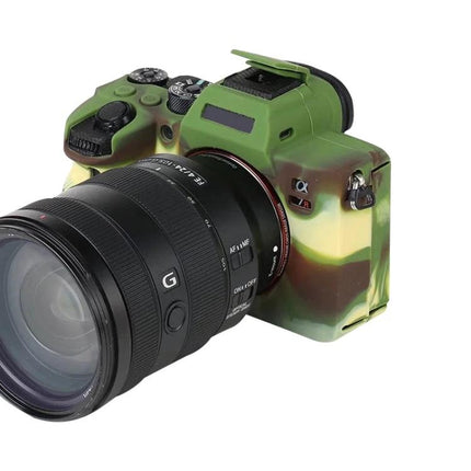 Durable Soft Silicone Protective Case for Sony A7R4 Camera fitted on green camo Sony A7R4 showing lens and easy access controls