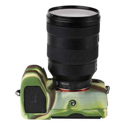 Durable Soft Silicone Protective Case for Sony A7R4 Camera fitted on Sony A7R4 with telephoto lens, camo green soft silicone cover