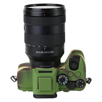 Durable Soft Silicone Protective Case for Sony A7R4 Camera shown on green camera body protecting controls and grip while fitting lens