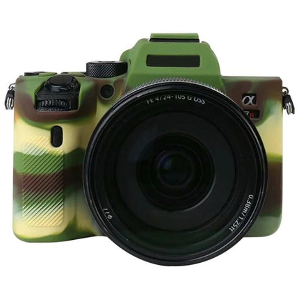 Durable Soft Silicone Protective Case for Sony A7R4 Camera camo green silicone cover showing front camera with lens