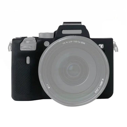 Durable Soft Silicone Protective Case for Sony A7R4 Camera fitted on mirrorless camera, black soft-touch silicone shield protecting body and controls