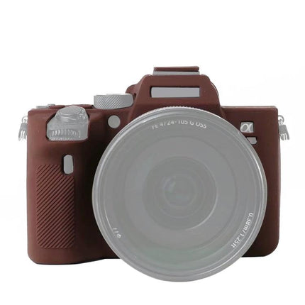 Durable Soft Silicone Protective Case for Sony A7R4 Camera front view on brown silicone cover showing lens access and grip protection