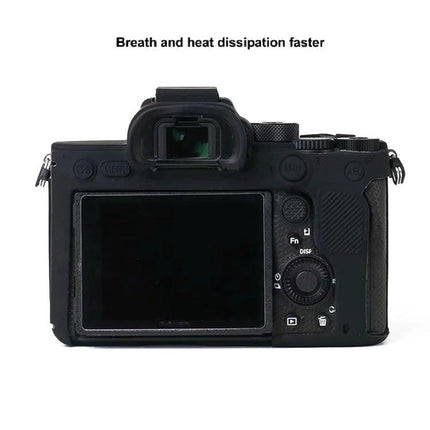 Durable Soft Silicone Protective Case for Sony A7R4 Camera shown on camera back with access to controls and breathable heat dissipation design