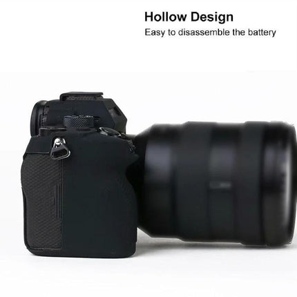 Durable Soft Silicone Protective Case for Sony A7R4 Camera shown on camera side view highlighting hollow design and easy battery access
