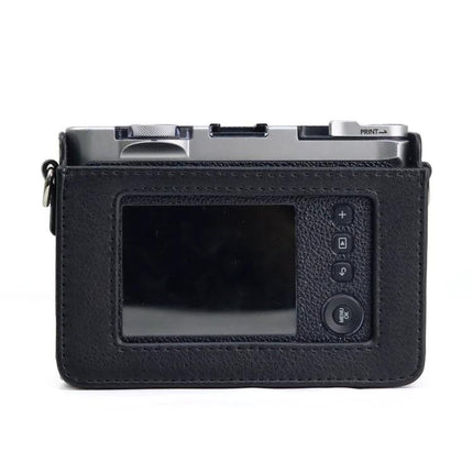FUJIFILM Instax Mini Evo Leather Camera Case with Adjustable Strap showing back view with screen and control buttons in black PU leather