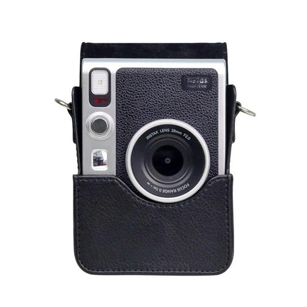 Vertical PU Leather Protective Case with Strap for Fujifilm Instax Mini Evo front view showing black PU leather cover and camera lens