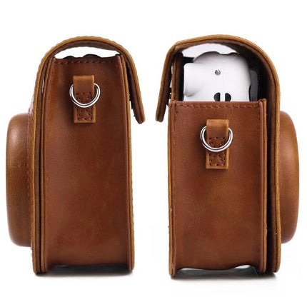 Retro Full Body Leather Case with Strap for Instax Mini 11 in brown showing side views with quick-detach covers and camera partially inserted