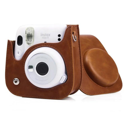 Retro Full Body Leather Case with Strap for Instax Mini 11 brown leather protective camera case showing front and detachable cover