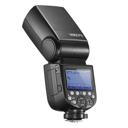 Godox V860 III-C Wireless TTL Flash Speedlite for Canon Cameras shown angled with LCD screen and control dials