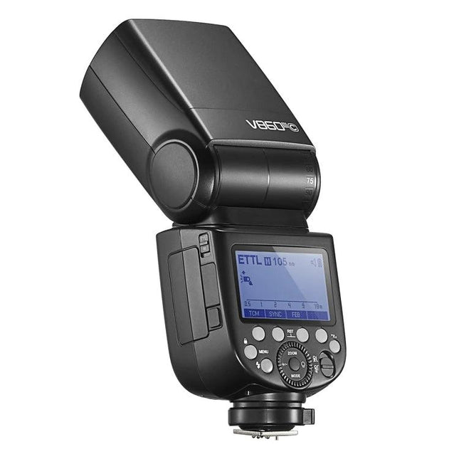 Godox V860 III-C Wireless TTL Flash Speedlite for Canon Cameras shown angled with LCD screen and control dials