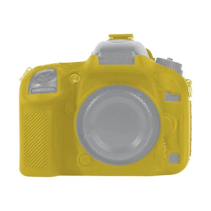 Soft Silicone Protective Case for Nikon D600 and D610 Cameras shown fitted on yellow silicone cover for camera body, protects from scratches dust and minor impacts