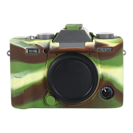 Soft Silicone Protective Case for Fujifilm X-T30 Camera in green camouflage, front view showing full access to controls and lens cap